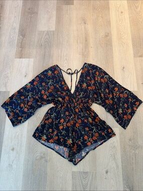 In The Beginning Navy Floral V-Neck Dress with Orange Blooms